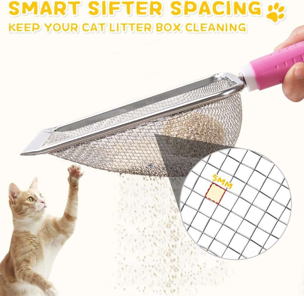 pala de malla de acero inoxidable para arena de gatos con mango desmontable y diseño resistente