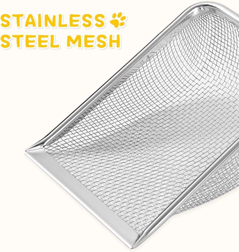 pala de malla de acero inoxidable para arena de gatos con mango desmontable y diseño resistente