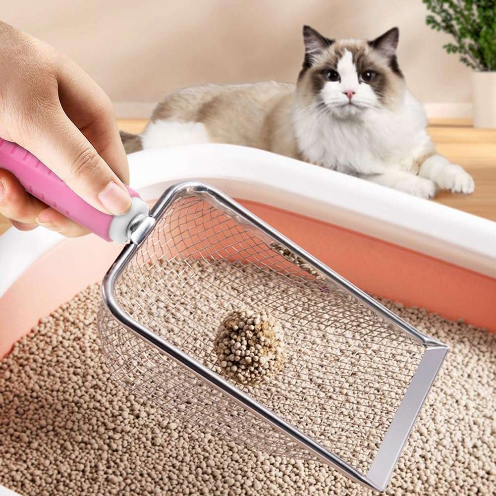 pala de malla de acero inoxidable para arena de gatos con mango desmontable y diseño resistente