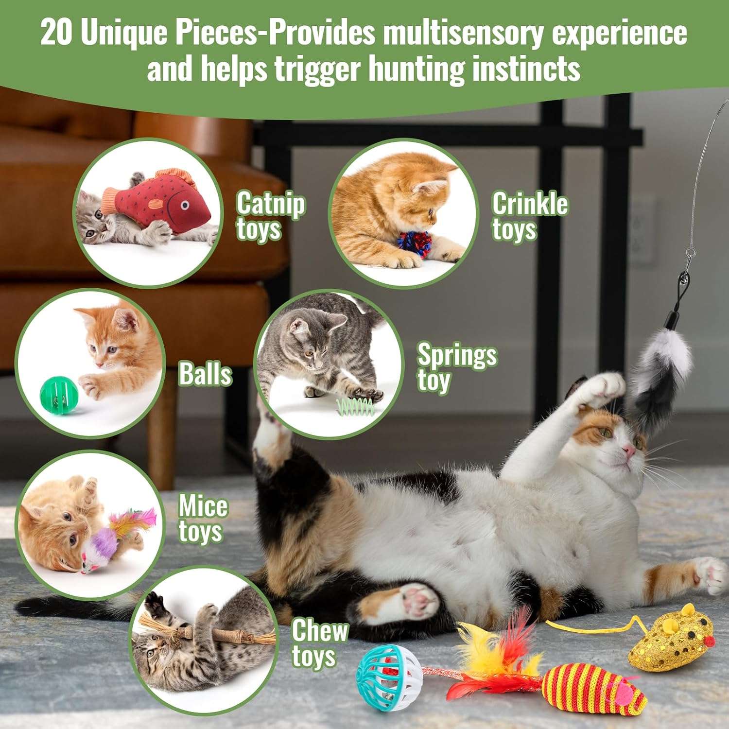set surtido de 20 juguetes variados con varitas, ratones y pelotas con sonajero para gatos Fashion's Talk