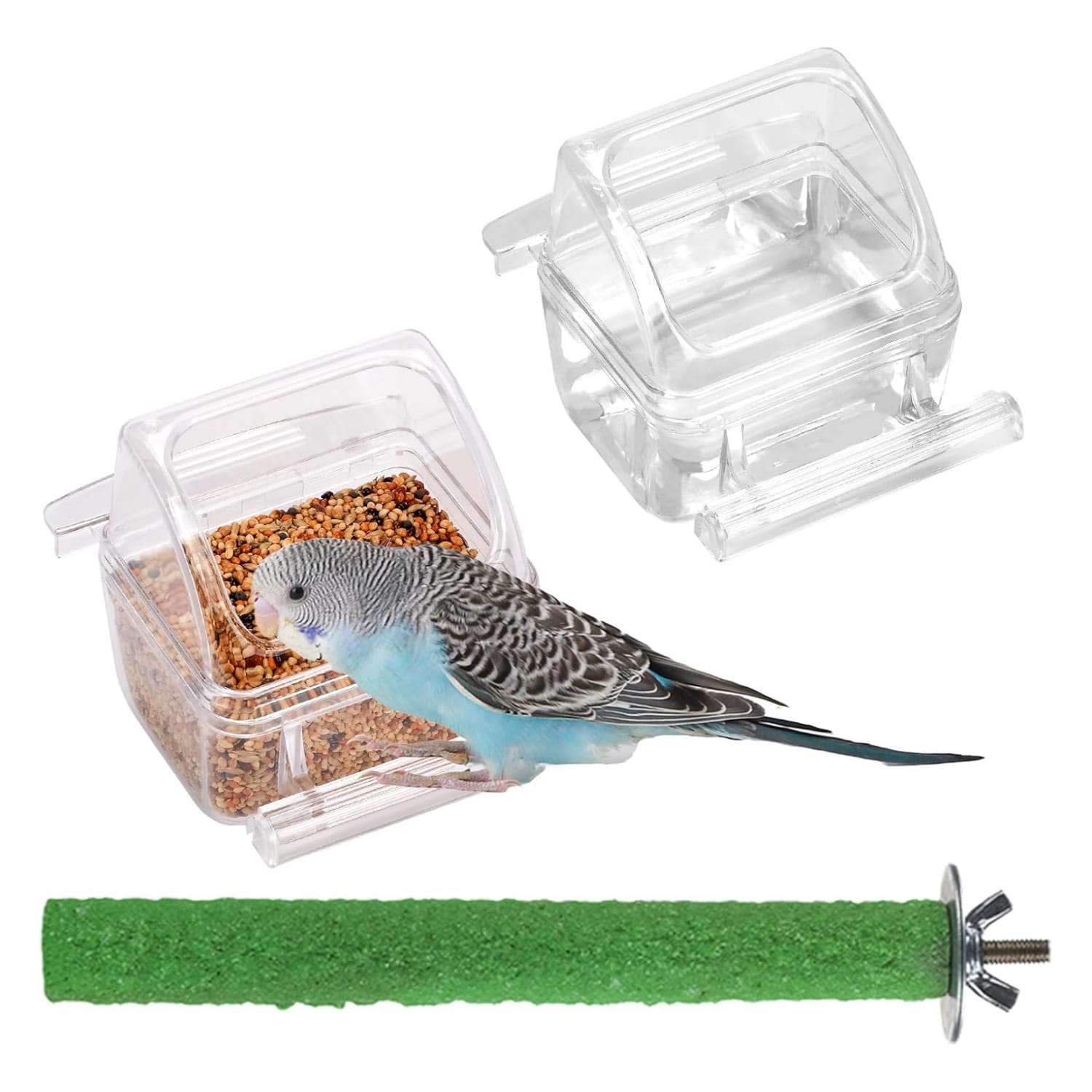 Comederos transparentes para pajaros con tapa y percha para jaula