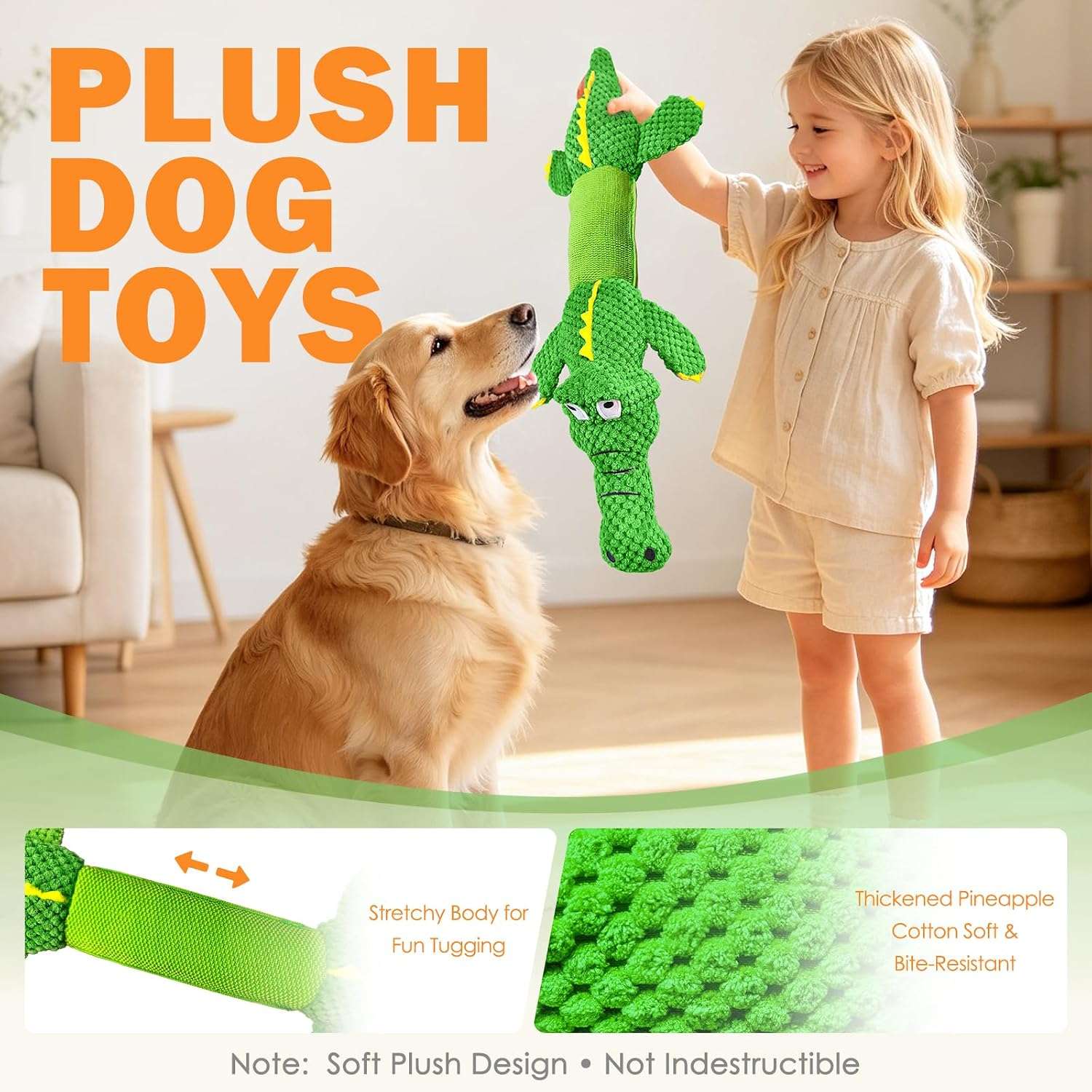 Juguete de peluche en forma de cocodrilo gigante estirable con sonido para perros grandes.