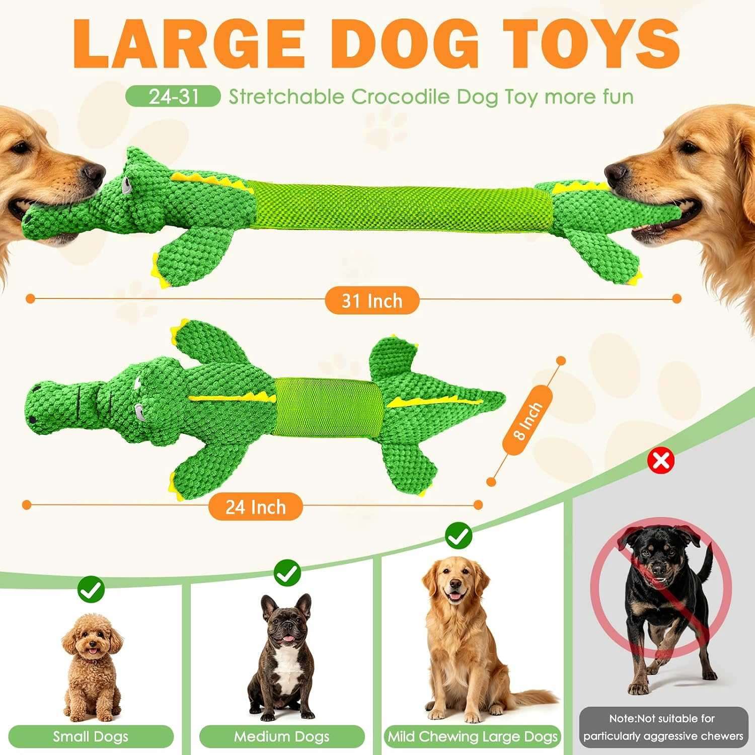 Juguete de peluche en forma de cocodrilo gigante estirable con sonido para perros grandes.
