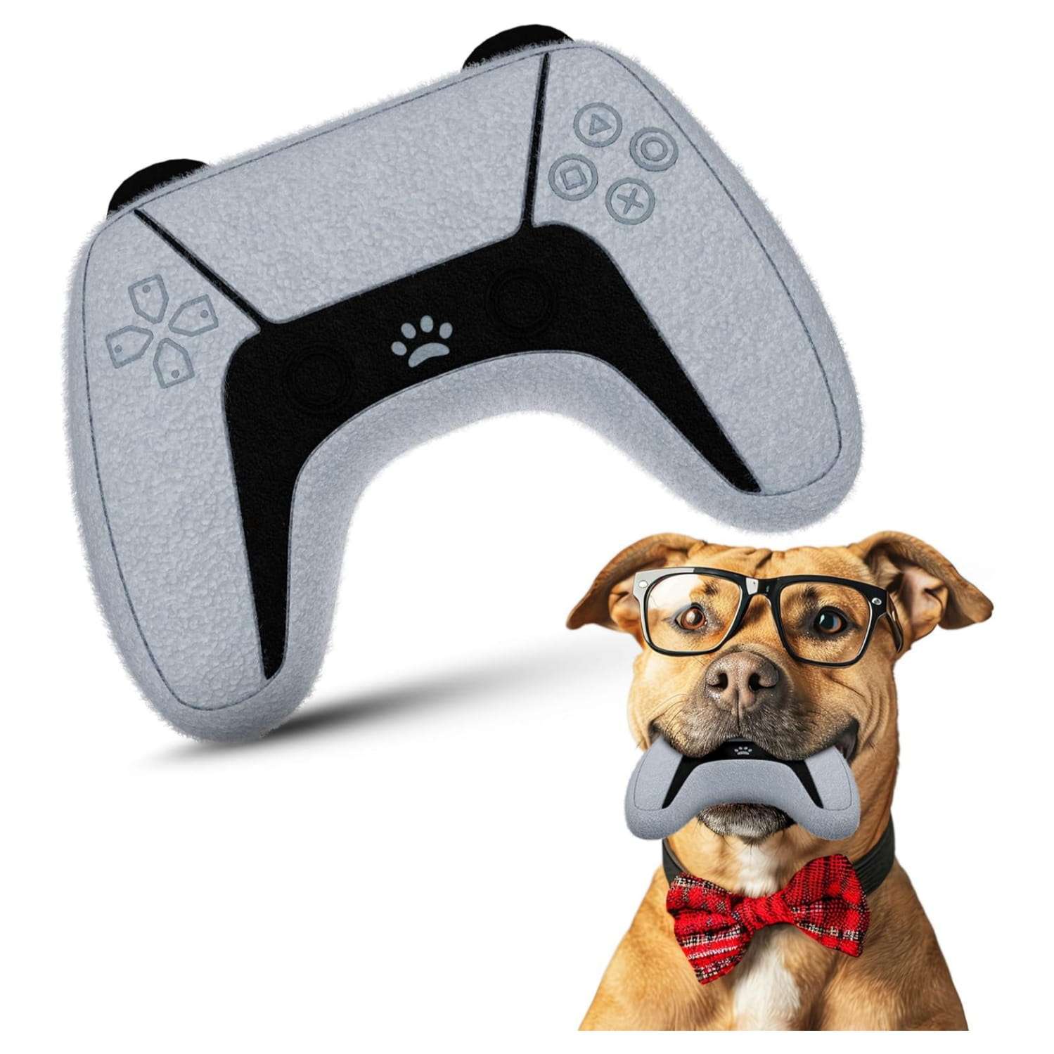 Juguete masticable para perros con forma de control de videojuegos con sonido y material resistente.