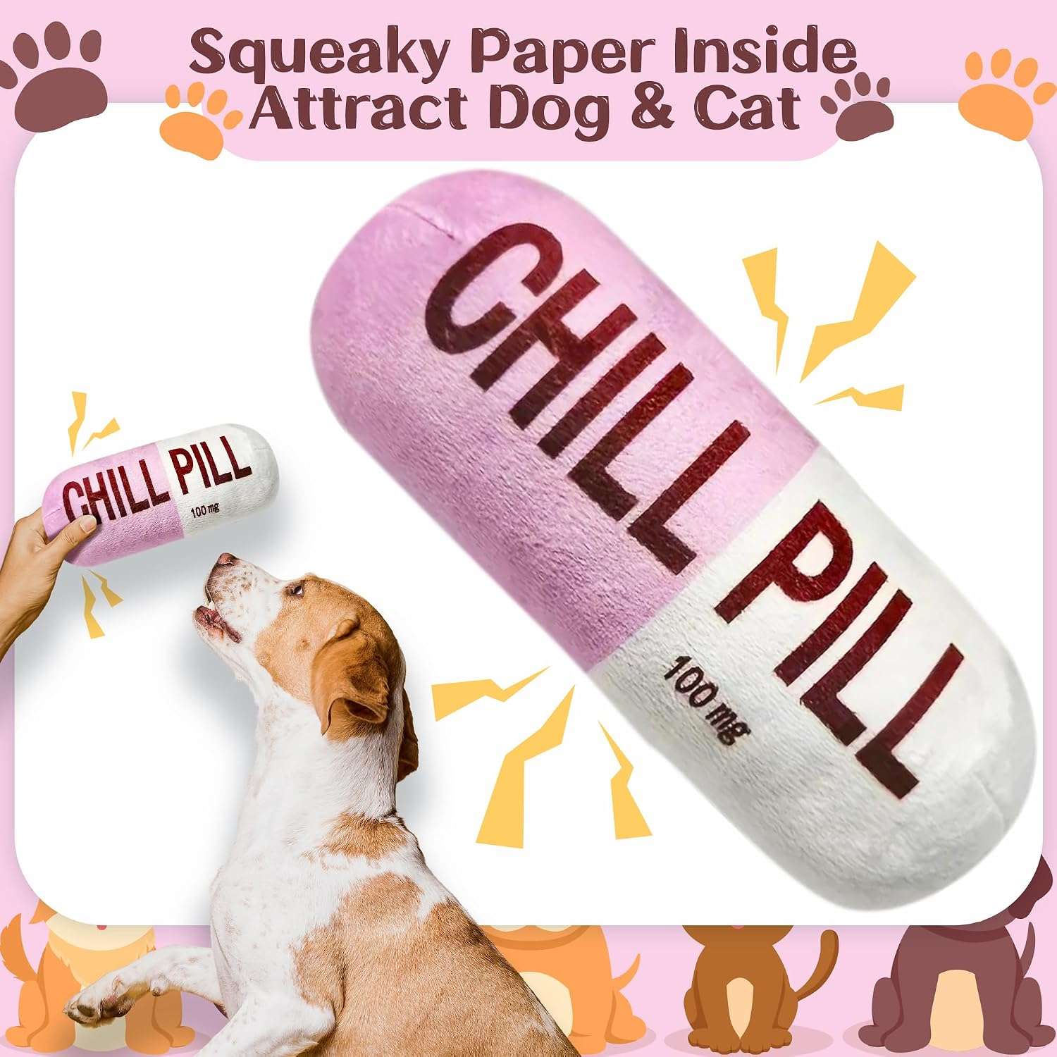 Juguete interactivo de peluche con sonido para perros y gatos en forma de divertida pastilla relajante