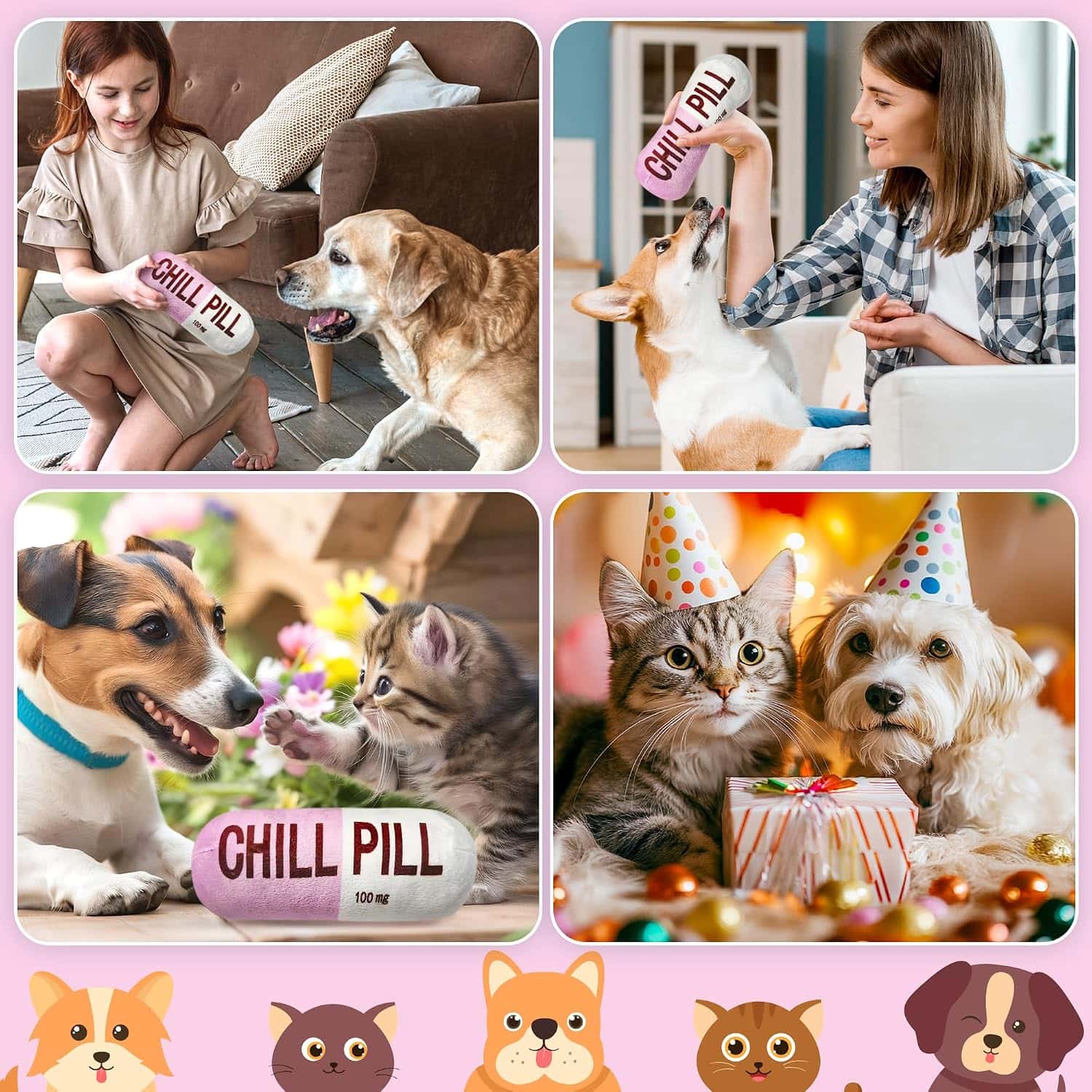 Juguete interactivo de peluche con sonido para perros y gatos en forma de divertida pastilla relajante