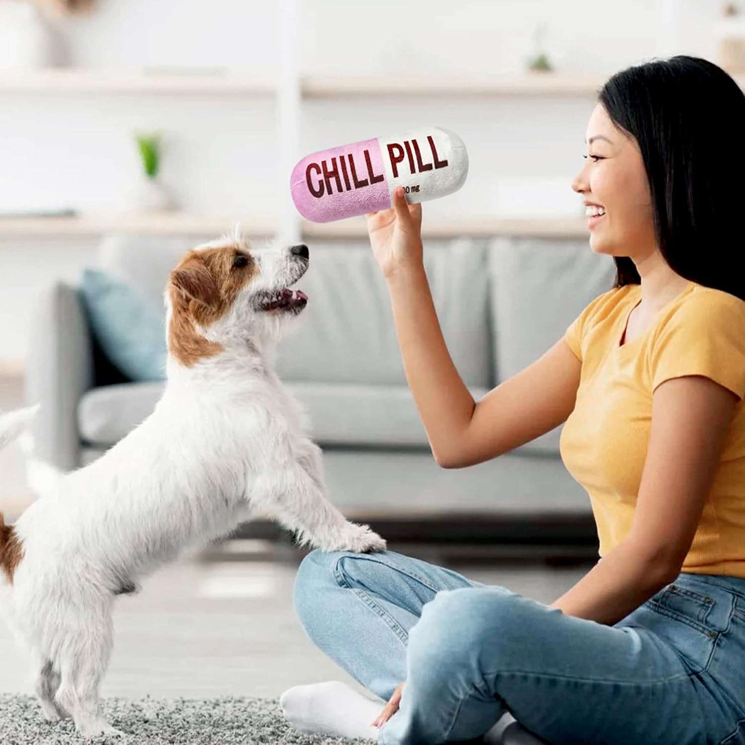 Juguete interactivo de peluche con sonido para perros y gatos en forma de divertida pastilla relajante