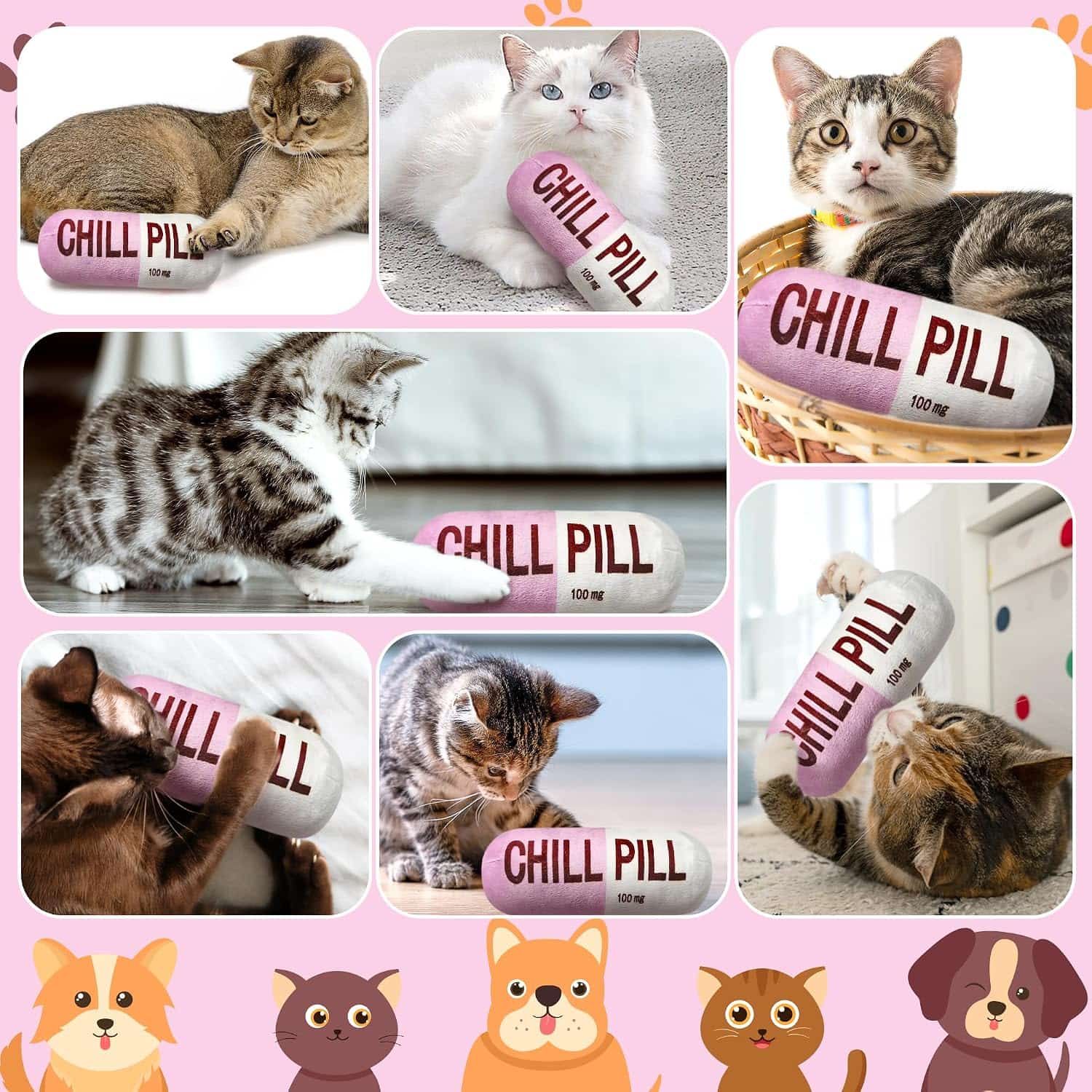 Juguete interactivo de peluche con sonido para perros y gatos en forma de divertida pastilla relajante