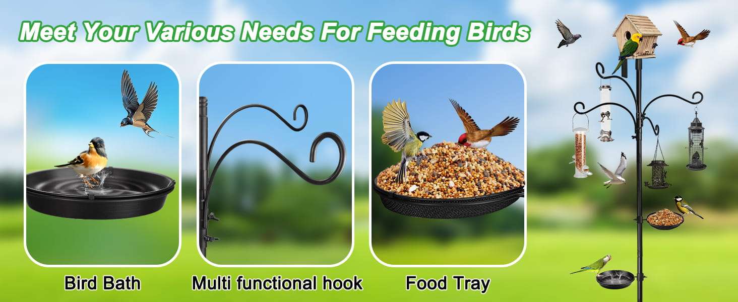 Estacion de alimentacion de metal para aves con ganchos plataformas y base de cinco puntas.