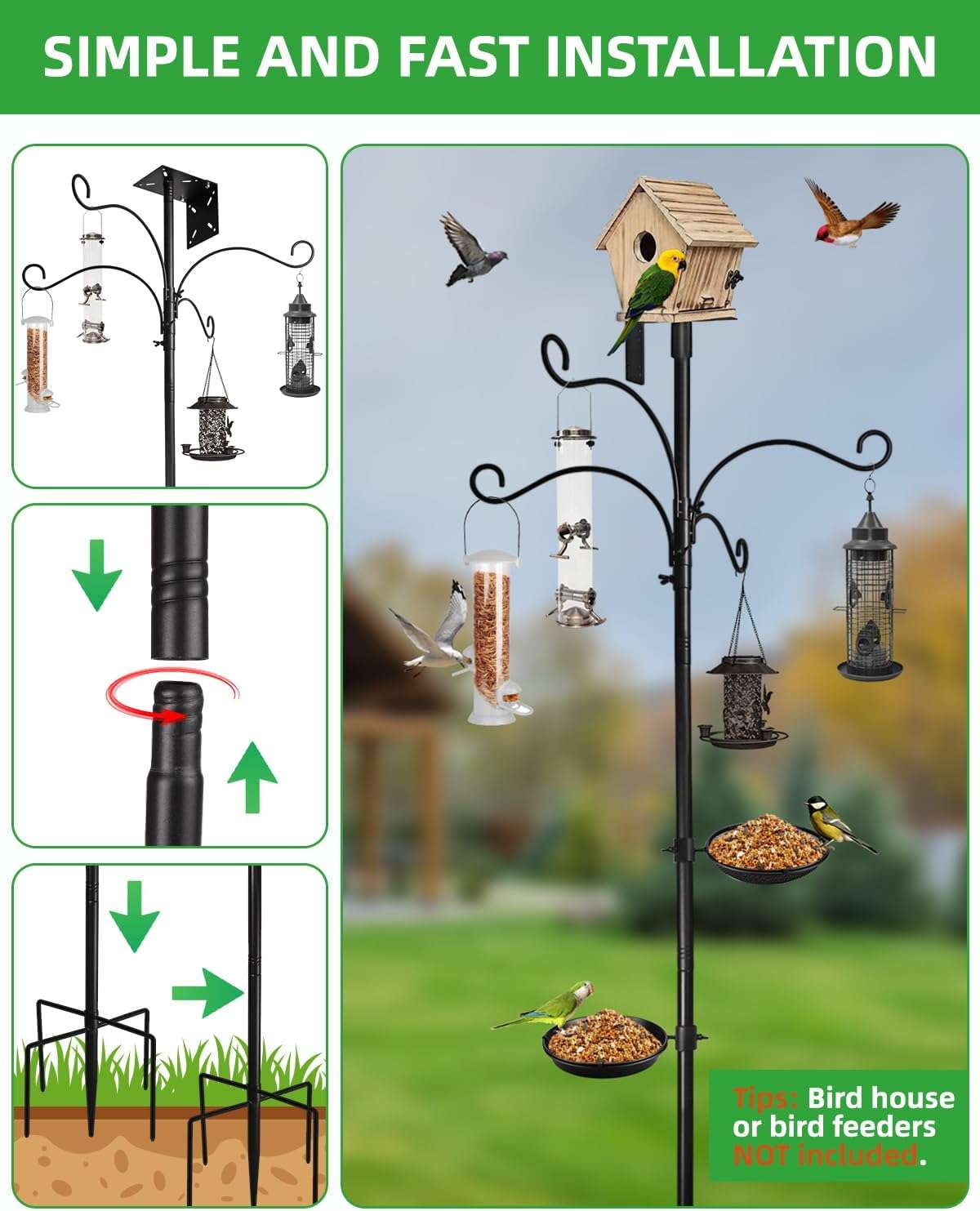 Estacion de alimentacion de metal para aves con ganchos plataformas y base de cinco puntas.