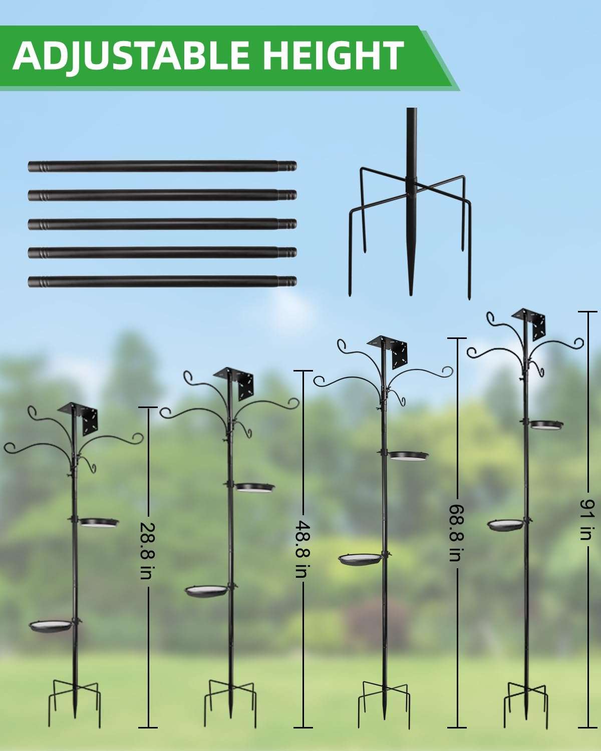 Estacion de alimentacion de metal para aves con ganchos plataformas y base de cinco puntas.