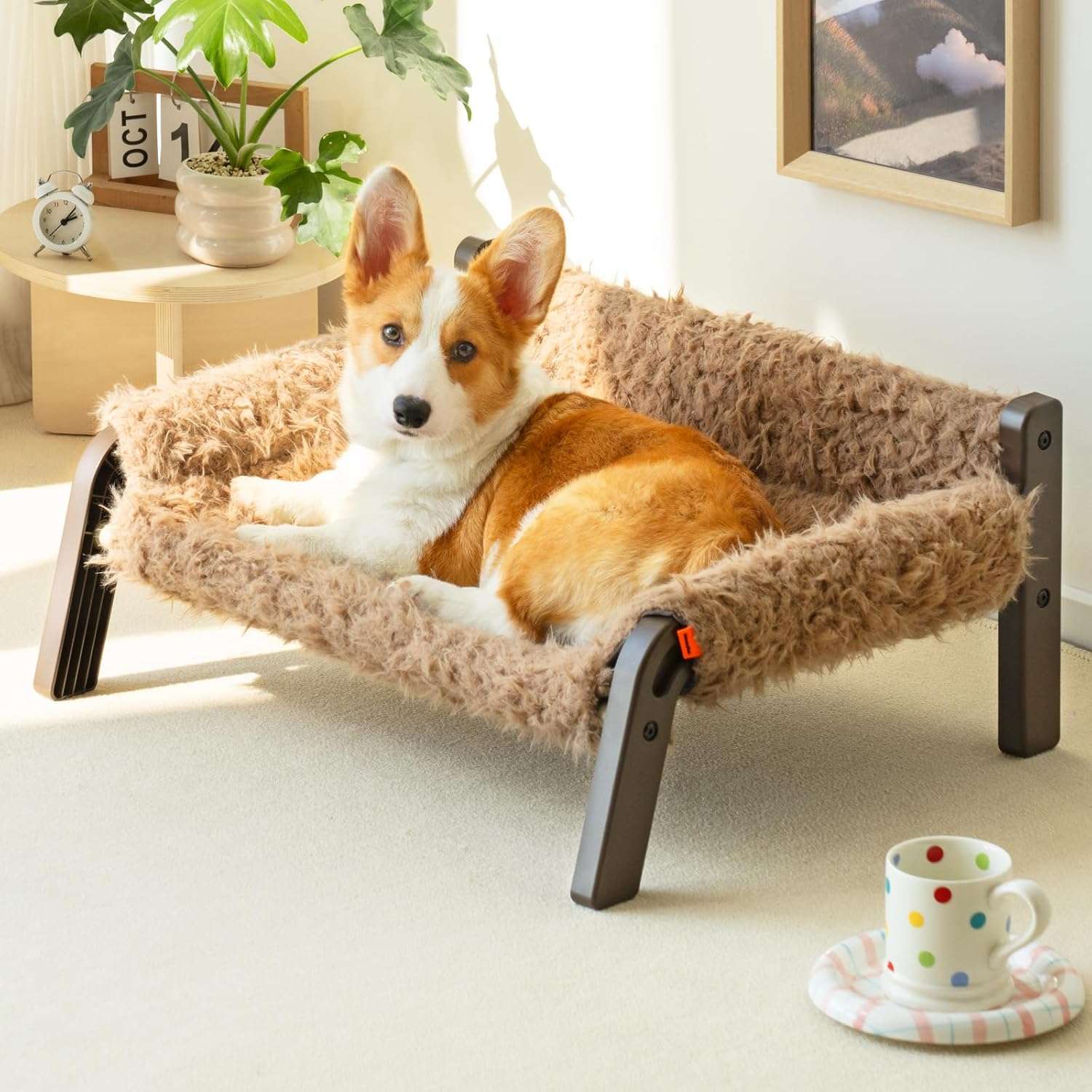 Sofa elevado de felpa para gatos y perros pequeños con reposabrazos