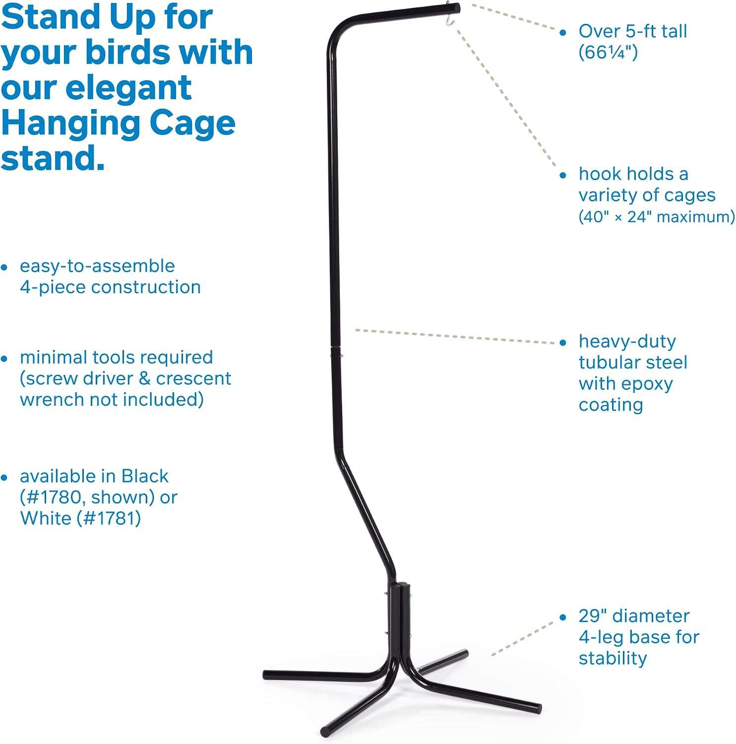 Soporte de acero negro de cuatro patas para colgar jaulas de pajaros