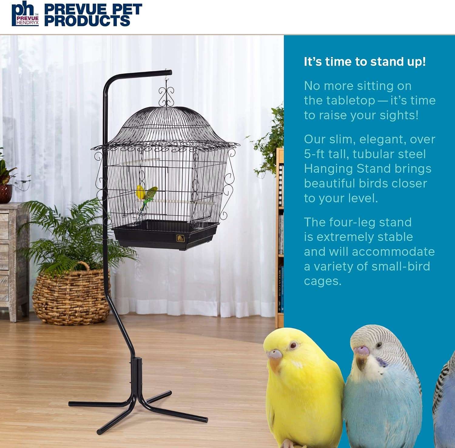 Soporte de acero negro de cuatro patas para colgar jaulas de pajaros