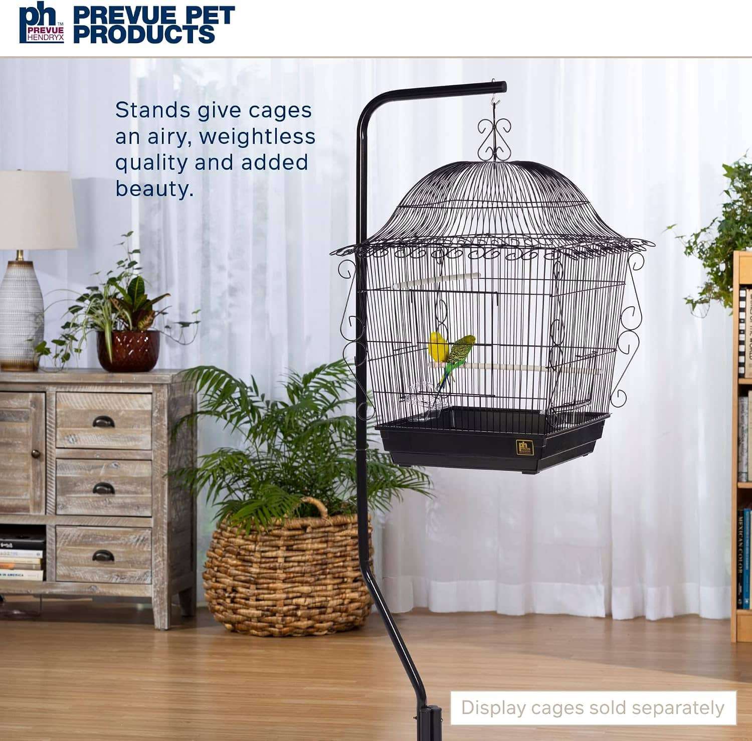 Soporte de acero negro de cuatro patas para colgar jaulas de pajaros
