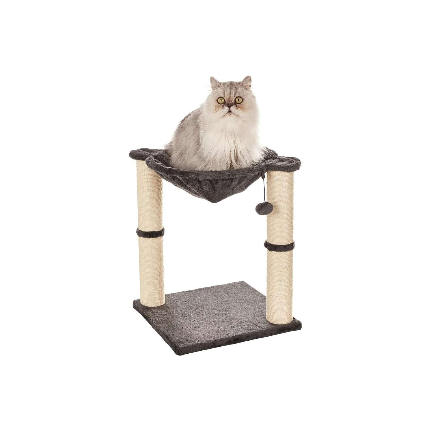 Torre rascador gris para gatos con hamaca de felpa, dos postes de yute y juguete colgante