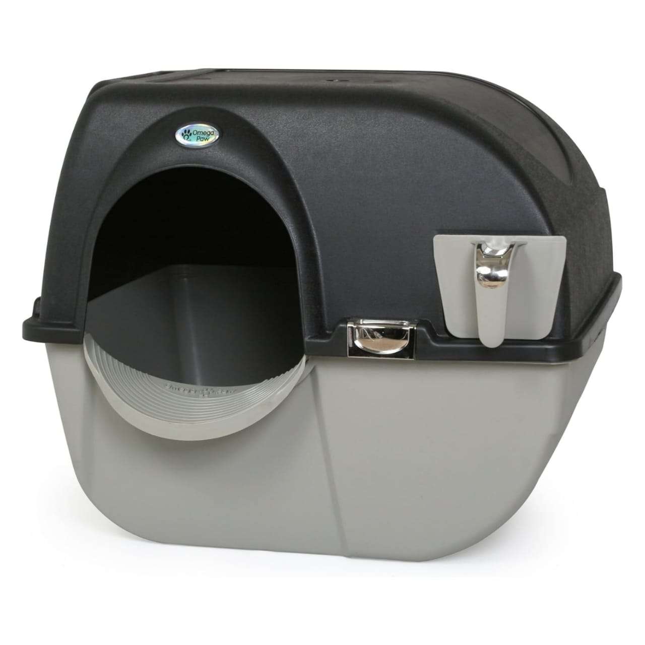 caja de arena autolimpiante giratoria omega paw elite para gatos en color negro con detalles cromados