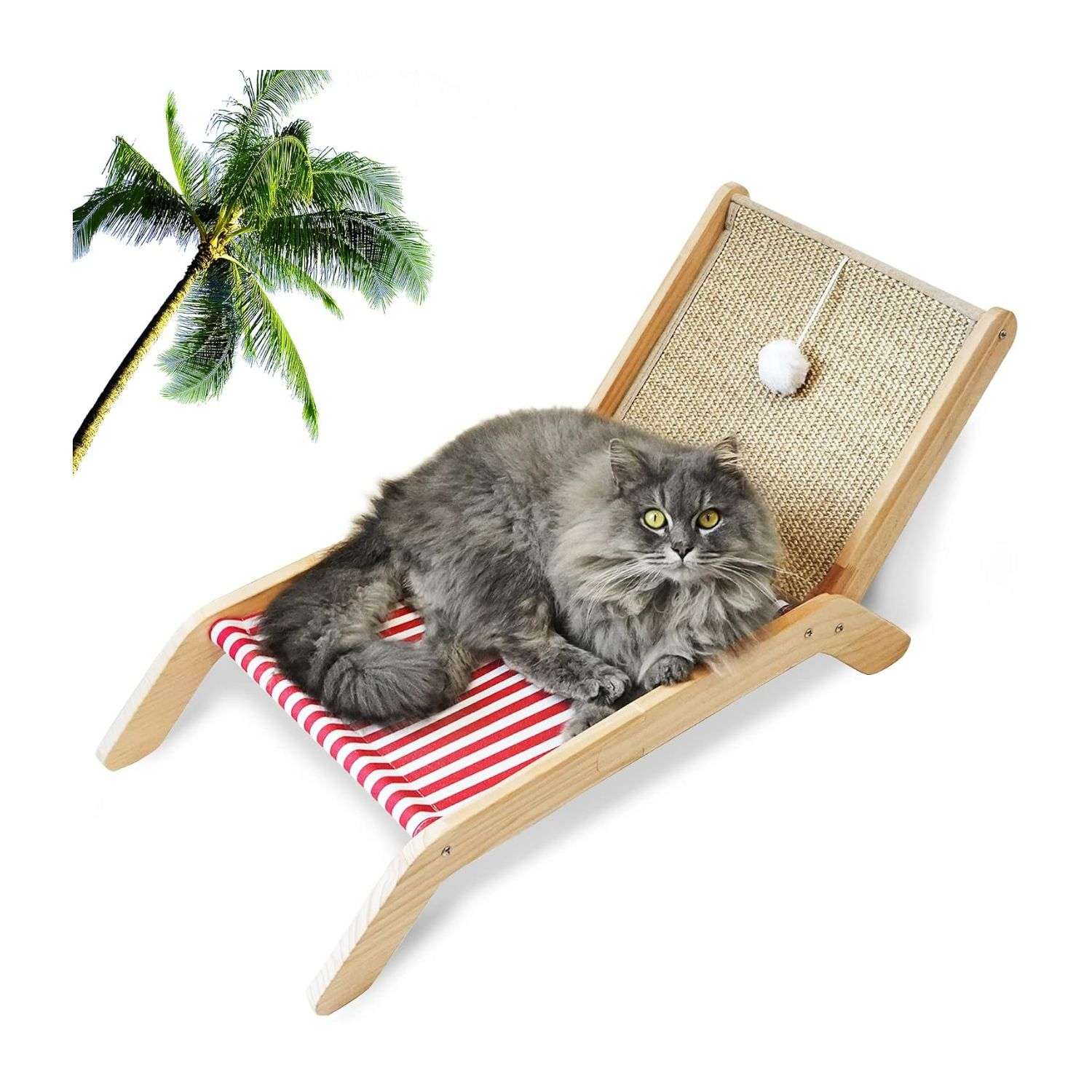 Mini hamaca para gatos con diseño de silla de playa, alfombrilla rascador de sisal y pelota de juguete.