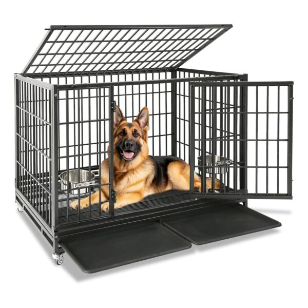 Jaula de Metal con Ruedas para Perros - Bandeja Extraíble y 2 Comederos (120x76x92 cm)