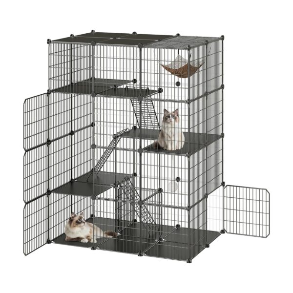 Jaula Grande de Acero Inoxidable para Gatos - 4 Niveles, Escalera y Hamaca (142x106x74 cm)