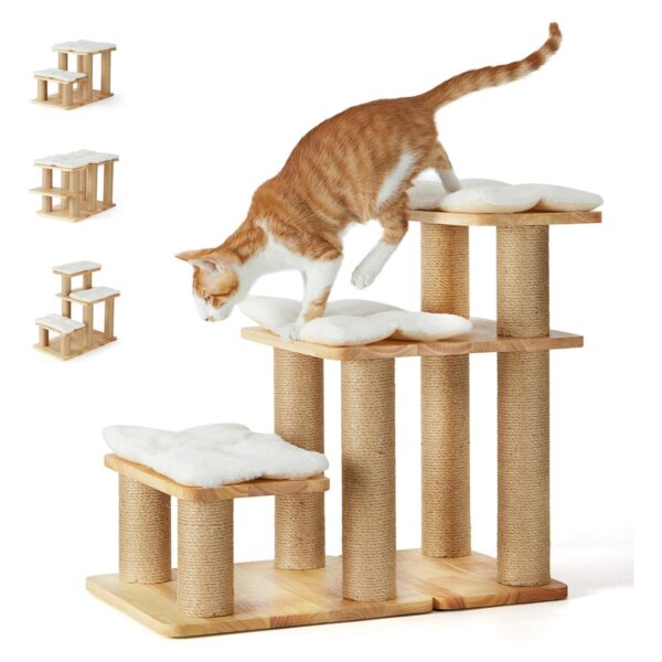 Escalera de Madera Maciza para Gatos y Perros - Con Rascador y Soporte 90 kg (55x32x51 cm)