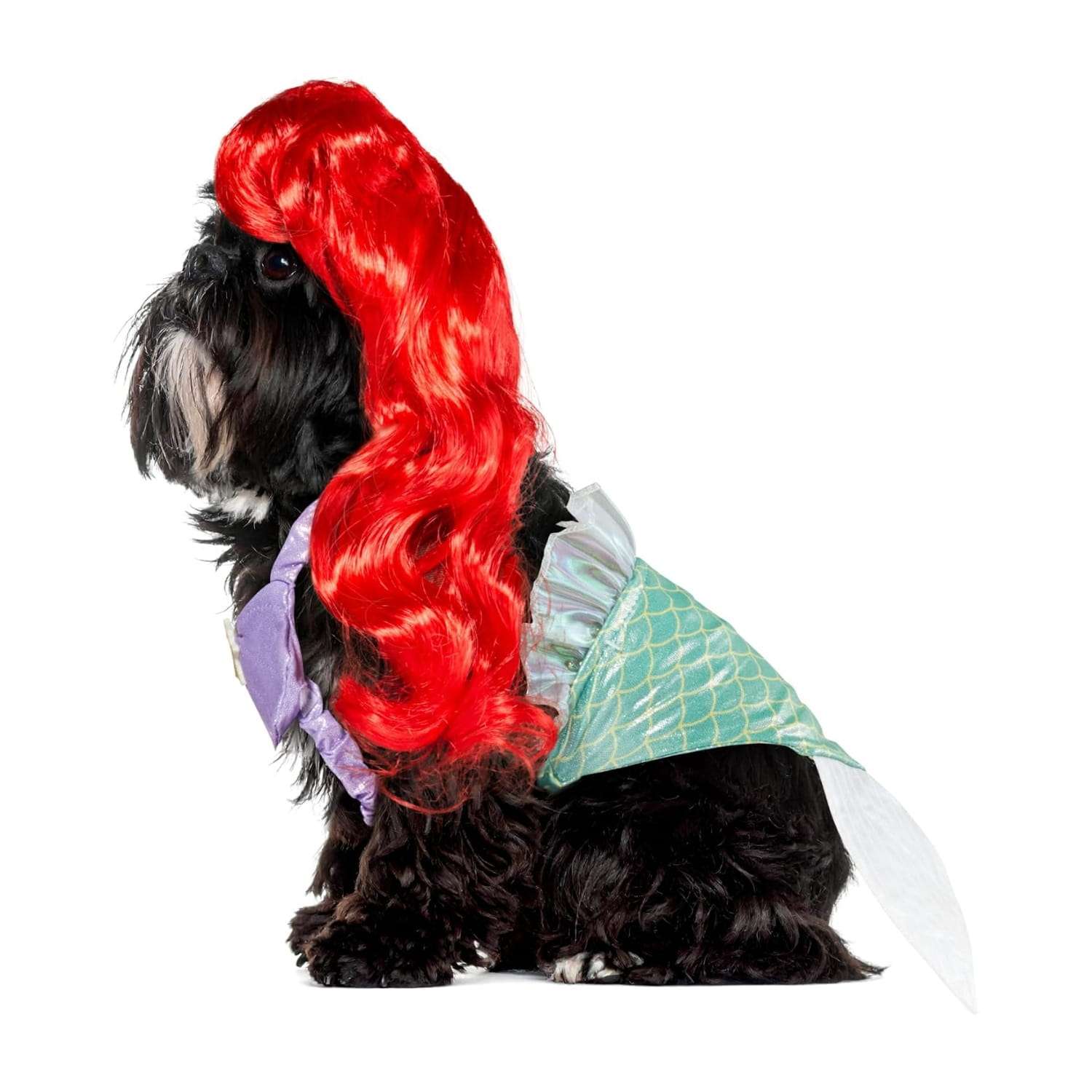 Disfraz oficial de la Sirenita Ariel con cola, parte superior de concha y peluca para mascotas.