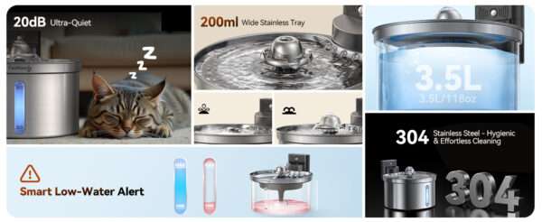 Fuente de agua ultrasilenciosa de acero inoxidable 3.5L. Bebedero inalámbrico para perros y gatos, con diseño moderno y gran capacidad.