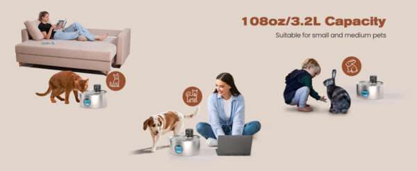 Fuente de agua inalámbrica de acero inoxidable 3.2L para perros y gatos. Bebedero automático recargable, higiénico y moderno.