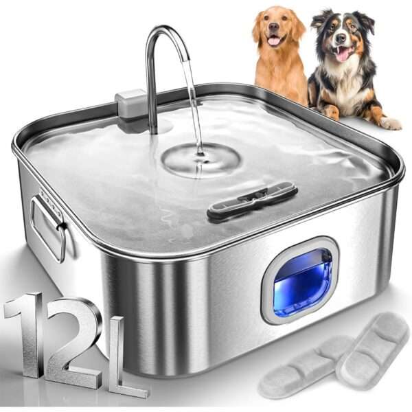 Fuente de agua para mascotas de 12 L, acero inoxidable. Bebedero súper silencioso con luz LED indicadora de nivel de agua, ideal para perros grandes y varios gatos.