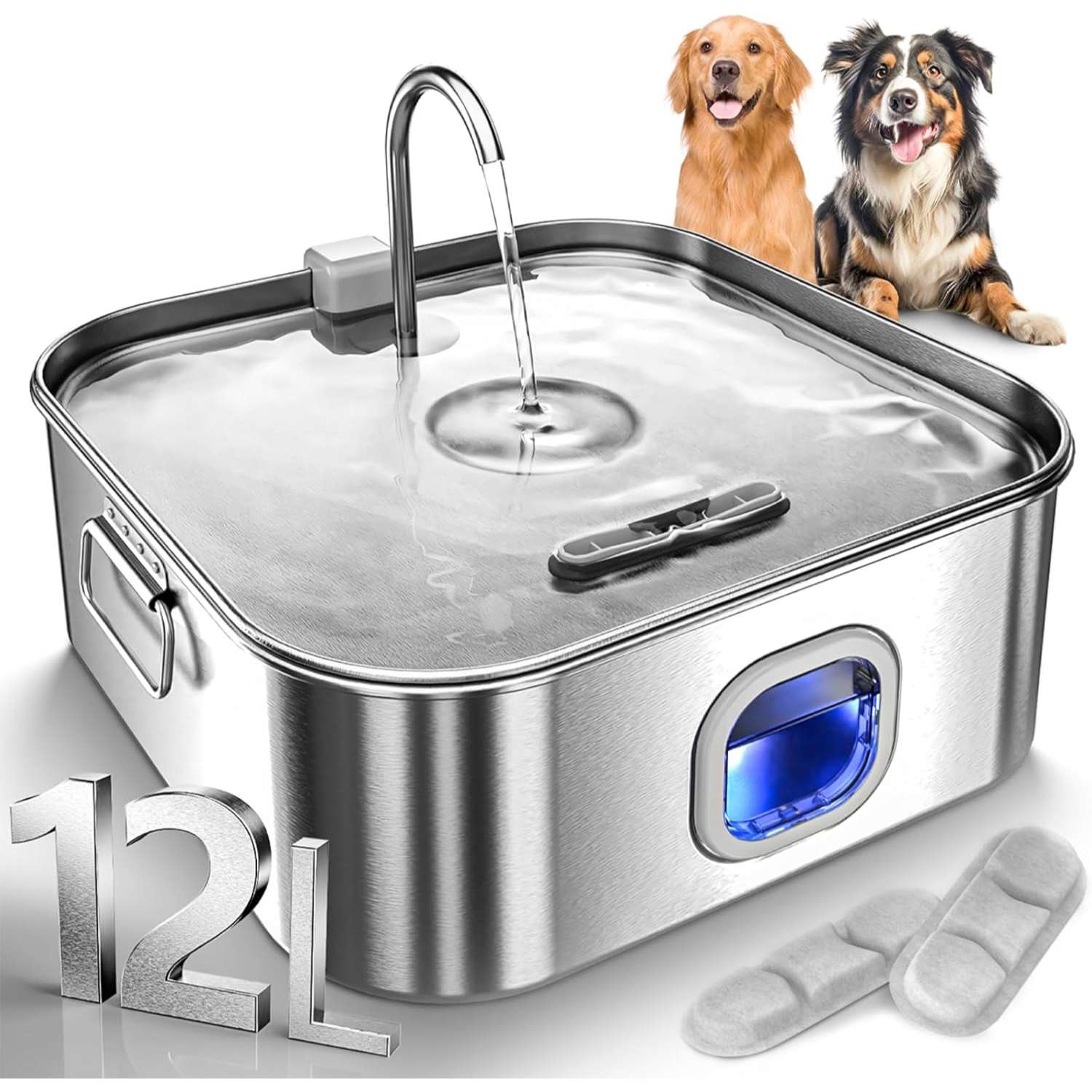 Fuente de agua para mascotas de 12 L, acero inoxidable. Bebedero súper silencioso con luz LED indicadora de nivel de agua, ideal para perros grandes y varios gatos.