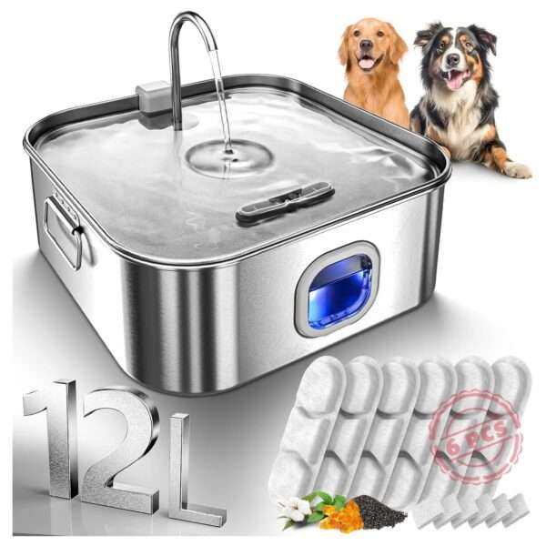 Fuente de agua para mascotas de 12 L, acero inoxidable. Bebedero súper silencioso con luz LED indicadora de nivel de agua, ideal para perros grandes y varios gatos.