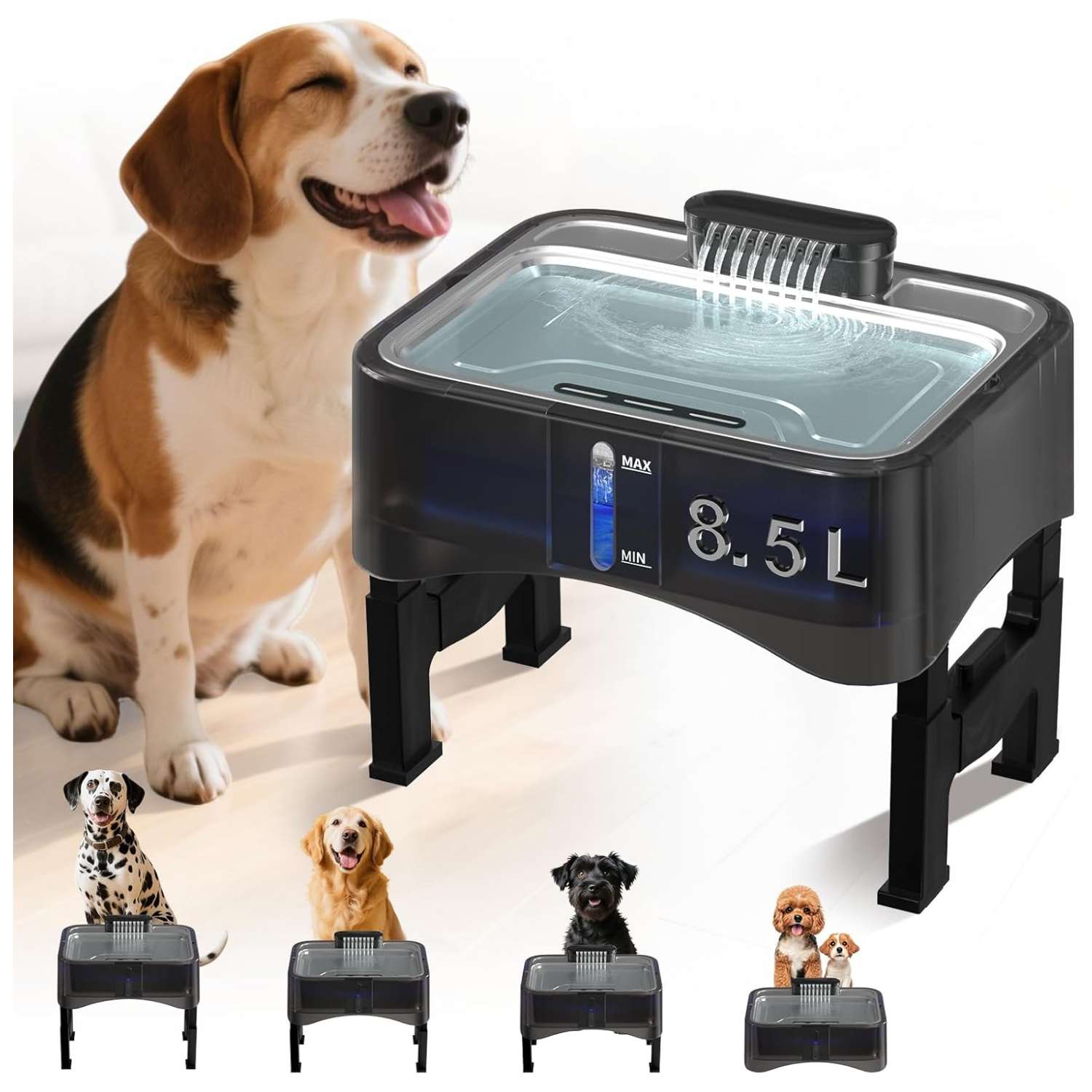 Fuente de agua elevada ajustable 2.2L para mascotas. Bebedero con 4 alturas, ideal para perros y gatos de diferentes tamaños o con problemas articulares.