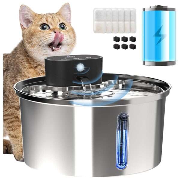 Fuente de agua inalámbrica recargable de acero inoxidable 3.2L para mascotas. Bebedero portátil y duradero, ideal para perros y gatos, con diseño moderno.