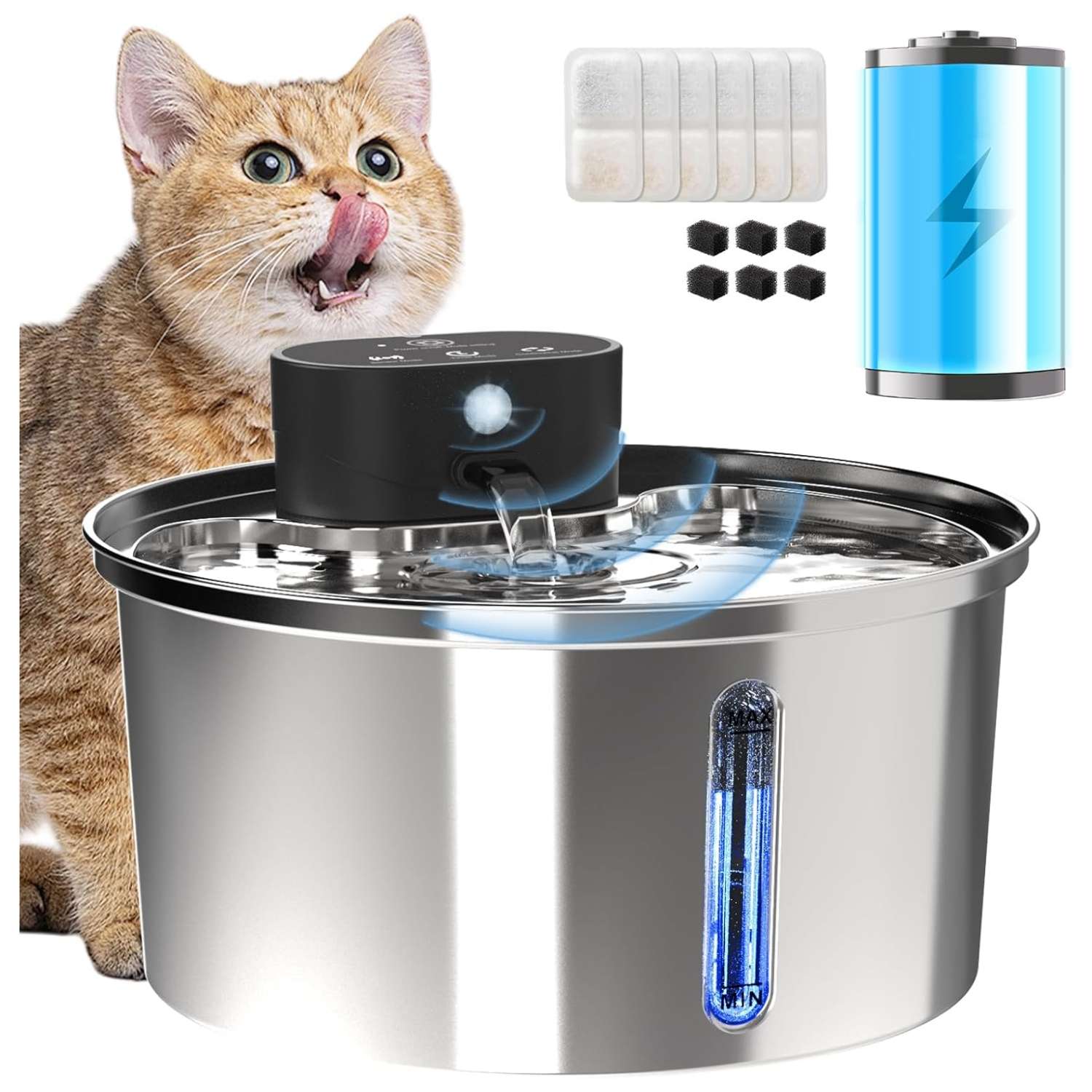 Fuente de agua inalámbrica recargable de acero inoxidable 3.2L para mascotas. Bebedero portátil y duradero, ideal para perros y gatos, con diseño moderno.