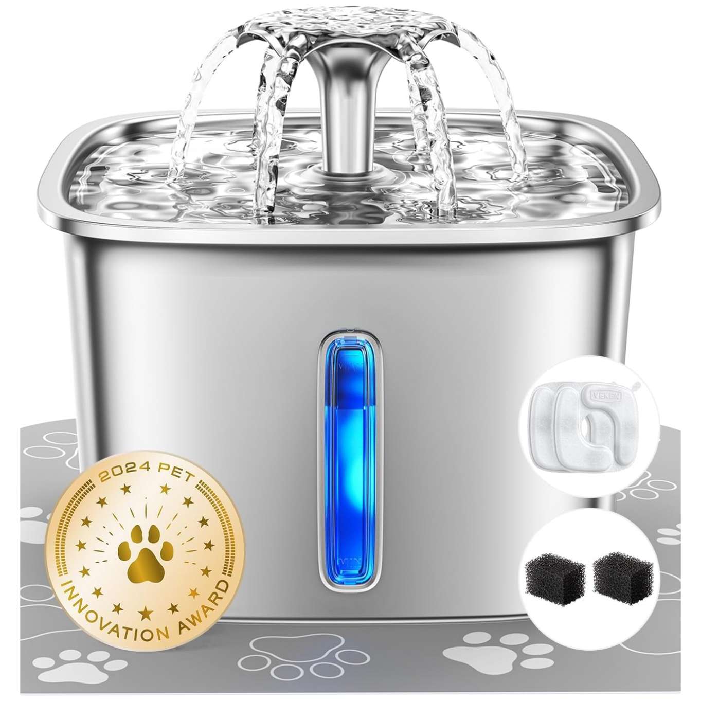 Fuente de agua de acero inoxidable 2.8L para mascotas. Bebedero con luz LED de nivel, ideal para perros y gatos que buscan agua fresca y limpia.