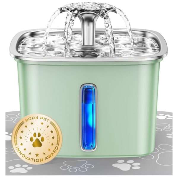 Fuente de agua de acero inoxidable 2.8L para mascotas. Bebedero con luz LED de nivel, ideal para perros y gatos que buscan agua fresca y limpia.