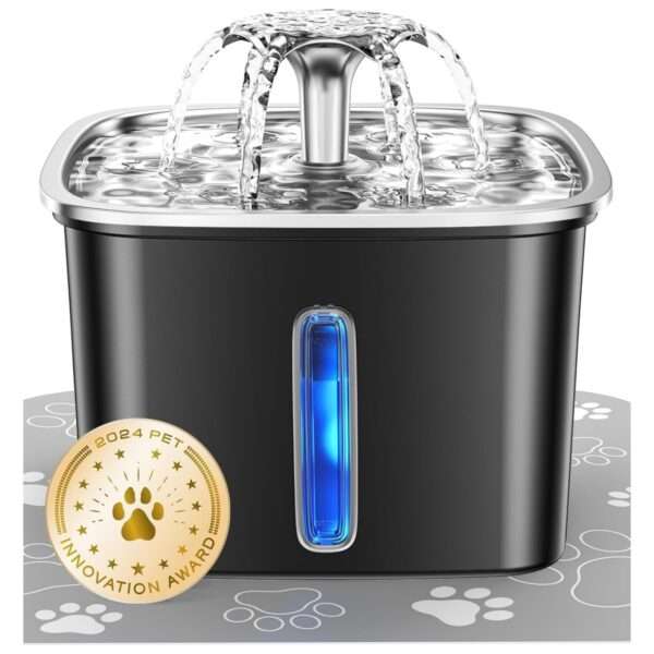 Fuente de agua de acero inoxidable 2.8L para mascotas. Bebedero con luz LED de nivel, ideal para perros y gatos que buscan agua fresca y limpia.