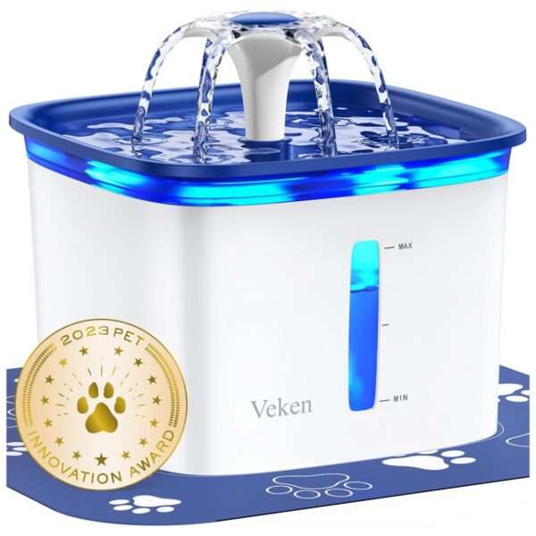 Fuente de agua para mascotas 2.8L con alfombra antiderrames y luz LED. Bebedero con base antideslizante para perros y gatos, ideal para mantener el suelo limpio.
