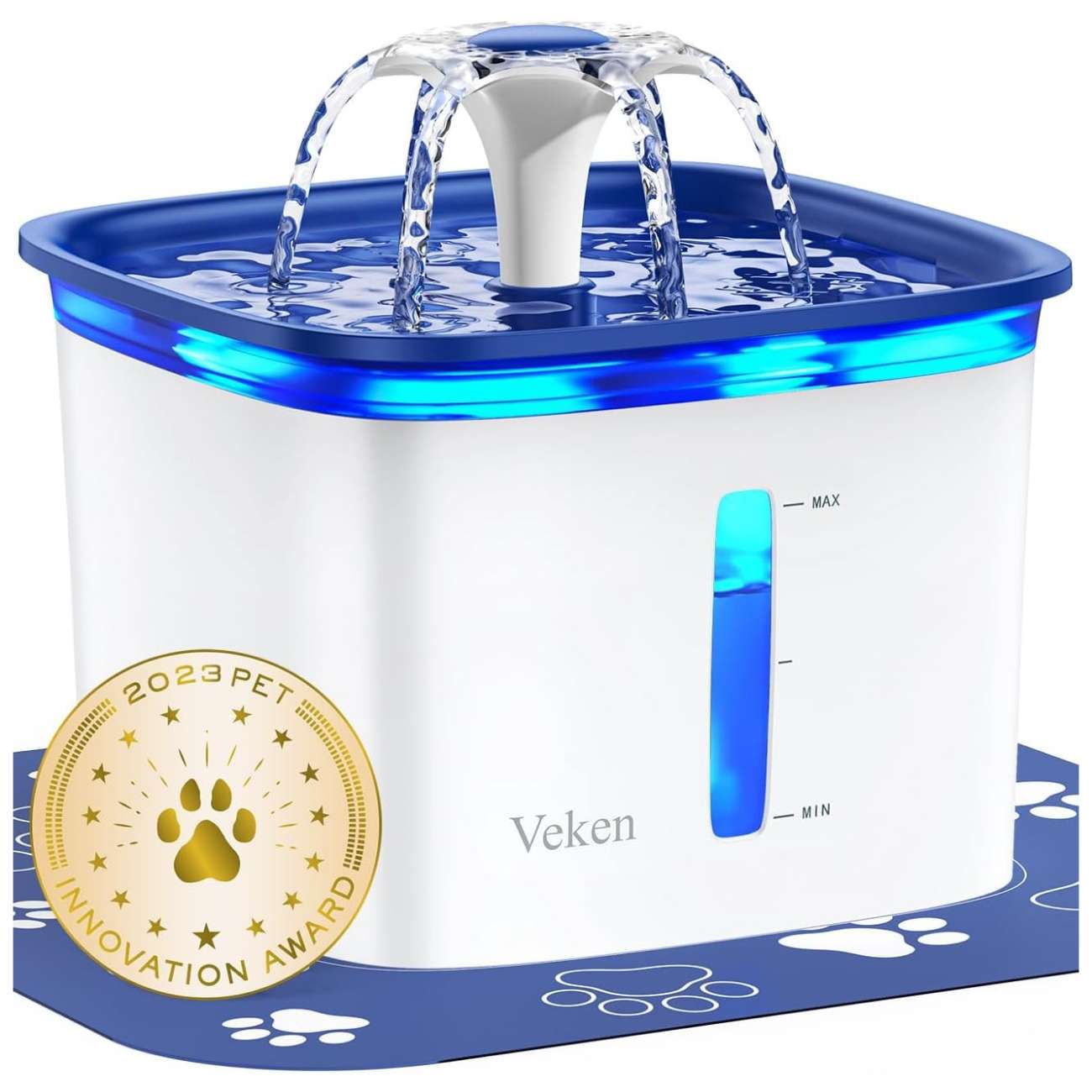 Fuente de agua para mascotas 2.8L con alfombra antiderrames y luz LED. Bebedero con base antideslizante para perros y gatos, ideal para mantener el suelo limpio.