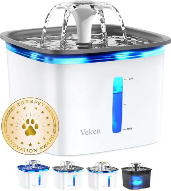 Fuente de agua para mascotas 2.8L con alfombra antiderrames y luz LED. Bebedero con base antideslizante para perros y gatos, ideal para mantener el suelo limpio.