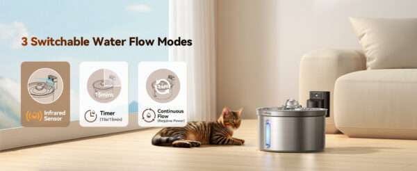 Fuente de agua ultrasilenciosa de acero inoxidable 3.5L. Bebedero inalámbrico para perros y gatos, con diseño moderno y gran capacidad.