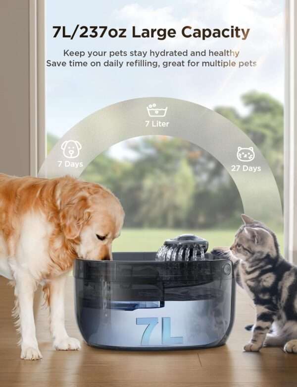 Fuente de agua para mascotas de 7L, ultra silenciosa. Bebedero de gran capacidad ideal para perros grandes o múltiples gatos, asegura agua fresca sin ruido.