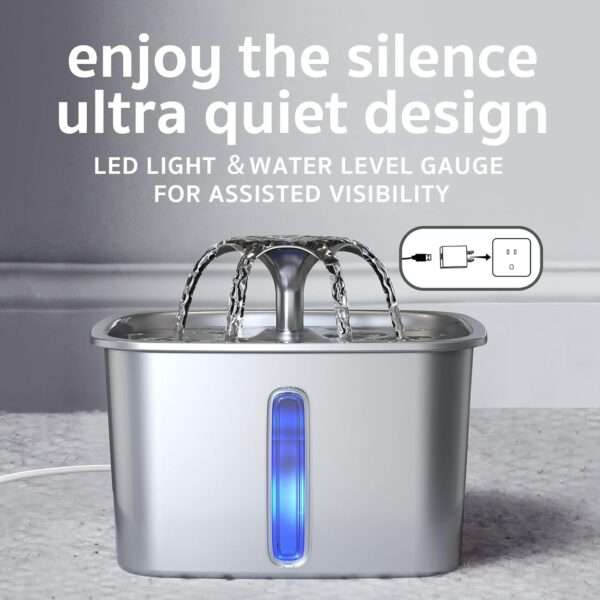 Fuente de agua de acero inoxidable 2.8L para mascotas. Bebedero con luz LED de nivel, ideal para perros y gatos que buscan agua fresca y limpia.
