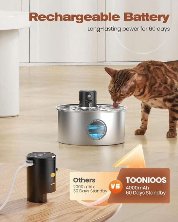 Fuente de agua inalámbrica de acero inoxidable 3.2L para perros y gatos. Bebedero automático recargable, higiénico y moderno.