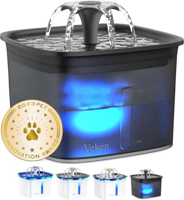 Fuente de agua para mascotas 2.8L con alfombra antiderrames y luz LED. Bebedero con base antideslizante para perros y gatos, ideal para mantener el suelo limpio.