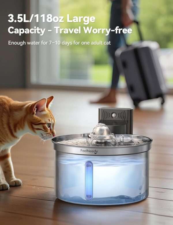 Fuente de agua ultrasilenciosa de acero inoxidable 3.5L. Bebedero inalámbrico para perros y gatos, con diseño moderno y gran capacidad.