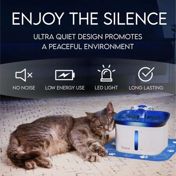 Fuente de agua para mascotas 2.8L con alfombra antiderrames y luz LED. Bebedero con base antideslizante para perros y gatos, ideal para mantener el suelo limpio.