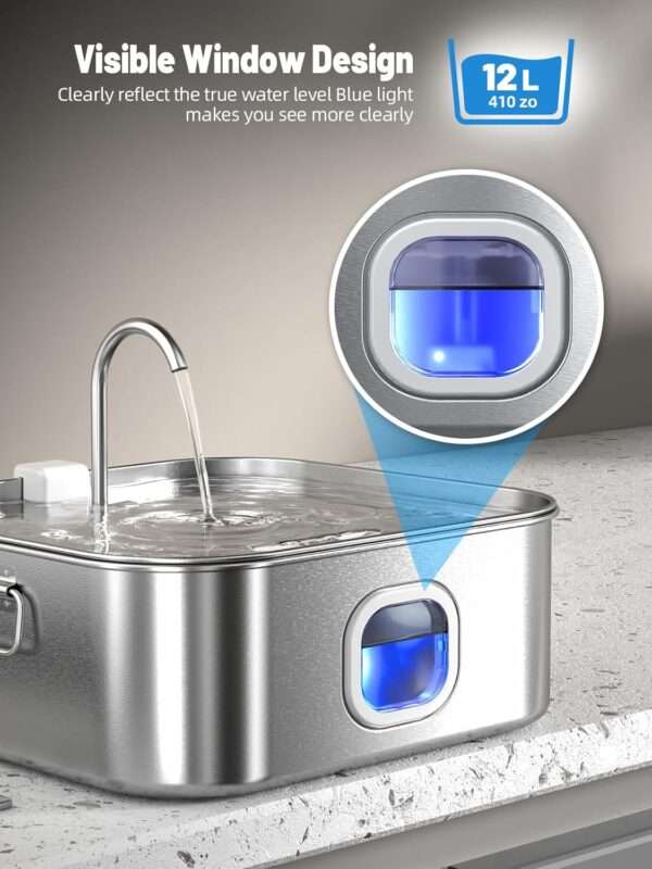 Fuente de agua para mascotas de 12 L, acero inoxidable. Bebedero súper silencioso con luz LED indicadora de nivel de agua, ideal para perros grandes y varios gatos.