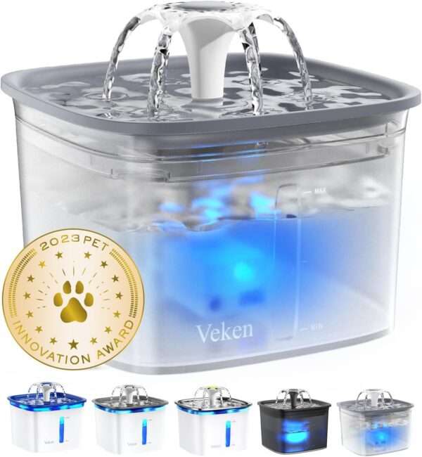 Fuente de agua para mascotas 2.8L con alfombra antiderrames y luz LED. Bebedero con base antideslizante para perros y gatos, ideal para mantener el suelo limpio.