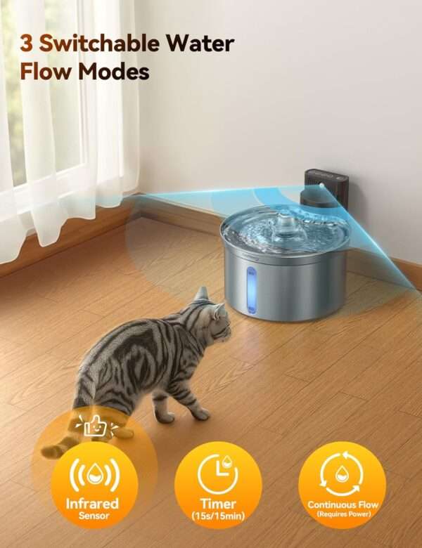 Fuente de agua ultrasilenciosa de acero inoxidable 3.5L. Bebedero inalámbrico para perros y gatos, con diseño moderno y gran capacidad.
